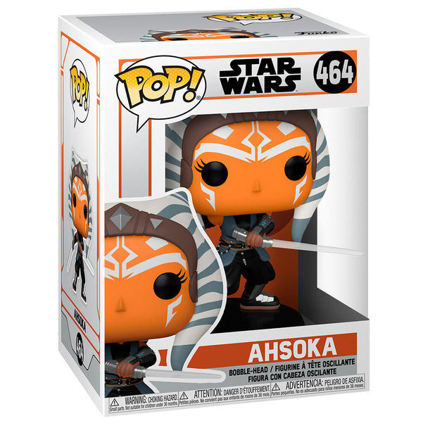 Zoom sur la figurine Funko POP Ahsoka Tano de 9 cm avec ses sabres lumineux détaillés