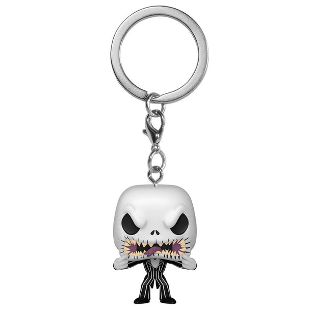 Porte-clés Funko Pocket POP représentant Jack Skellington avec son visage effrayant, inspiré de L'Étrange Noël de Monsieur Jack.
