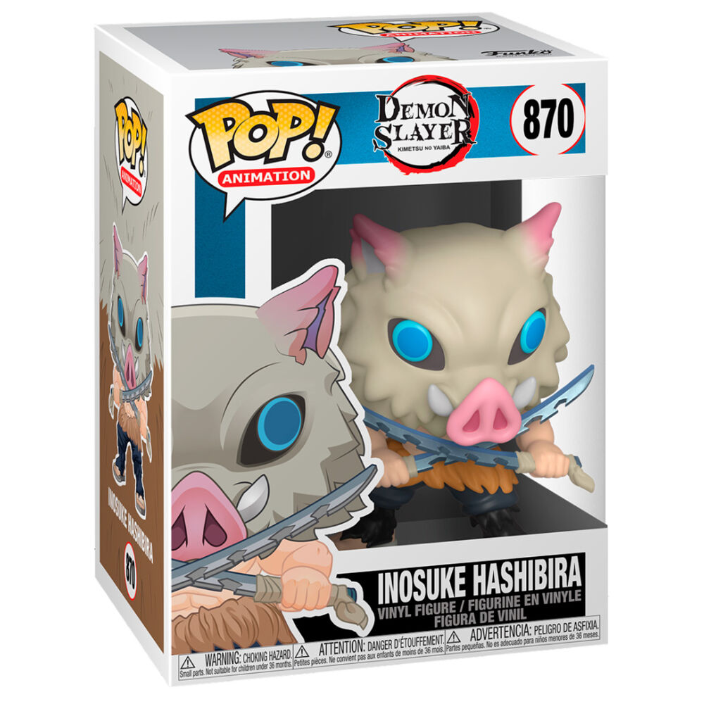 Vue latérale de la figurine Funko POP Inosuke Hashibira Demon Slayer dans sa boîte collector