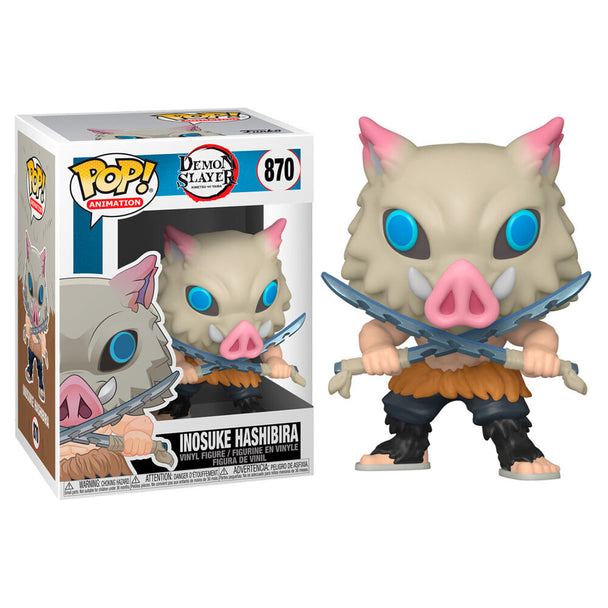 Figurine Funko POP Inosuke Hashibira Demon Slayer de 9 cm vue de face dans sa boîte vitrée