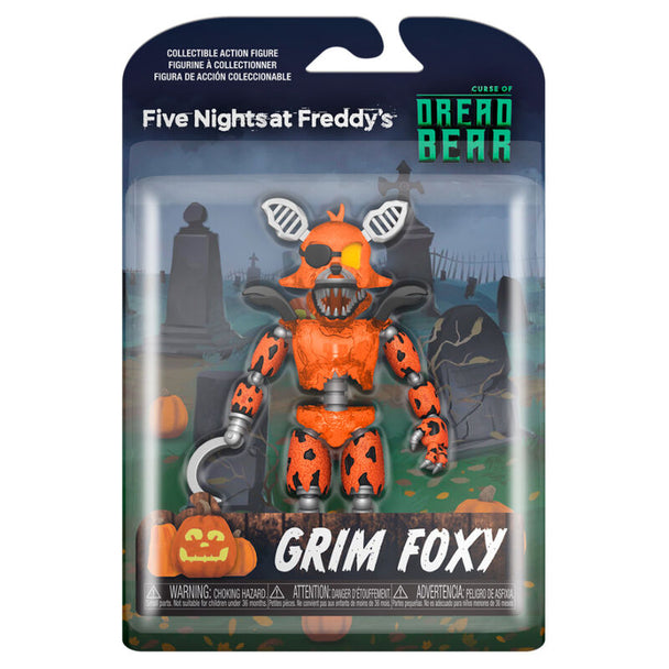 Détail rapproché de la tête de la figurine Grim Foxy montrant sa peinture soignée et ses yeux lumineux