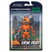 Détail rapproché de la tête de la figurine Grim Foxy montrant sa peinture soignée et ses yeux lumineux