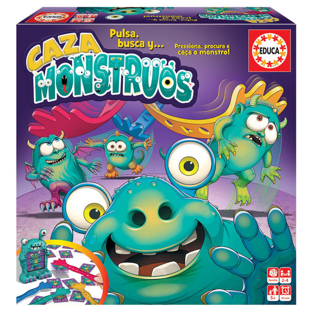 Boîte du jeu Caza Monstruos d'EDUCA BORRAS avec illustrations colorées de monstres pour enfants