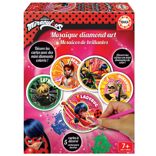 Kit complet Miraculous Ladybug avec 5 cartes à décorer et accessoires pour mosaïques pailletées