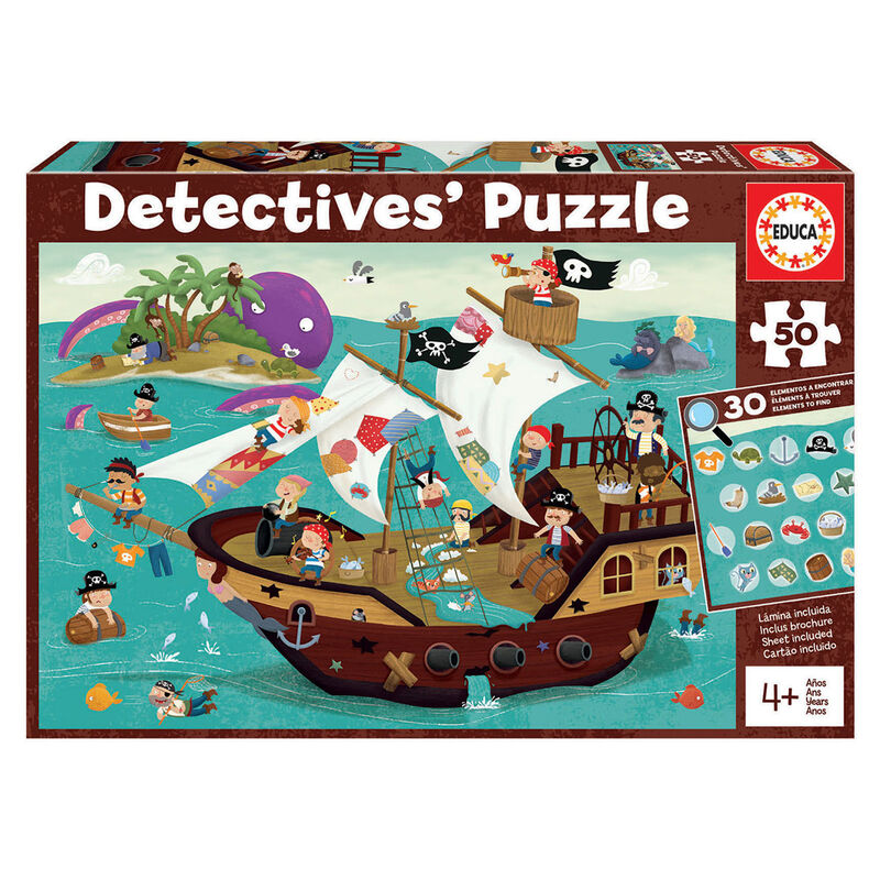 Image du puzzle Pirates Boat Detectives 50 pièces montrant une scène colorée de pirates sur un bateau avec des détails cachés à découvrir