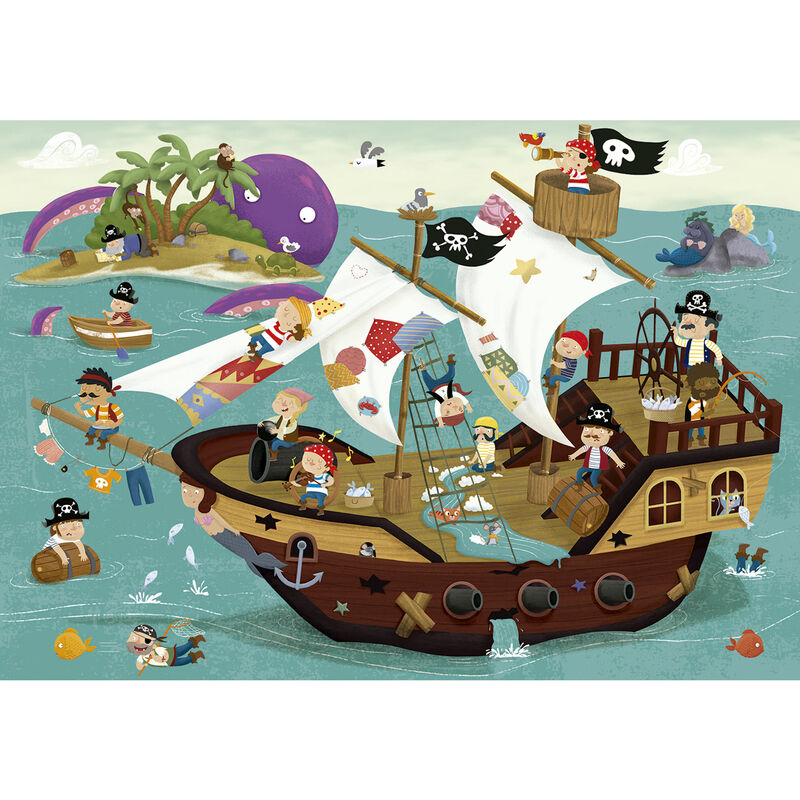 Photo du puzzle assemblé Pirates Boat Detectives par EDUCA BORRAS avec ses 50 pièces et ses 30 éléments dissimulés à observer