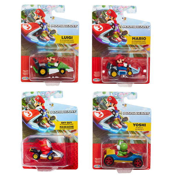 Figurine Mario Kart 6cm pilote Mario en tenue rouge et bleu sur kart rouge