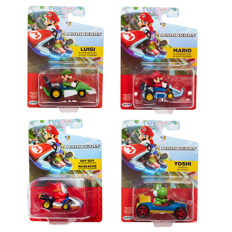 Figurine Mario Kart 6cm pilote Mario en tenue rouge et bleu sur kart rouge