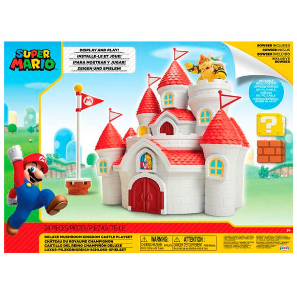 Vue d'ensemble du playset Château Royaume Champignon Super Mario avec ses 16 pièces colorées