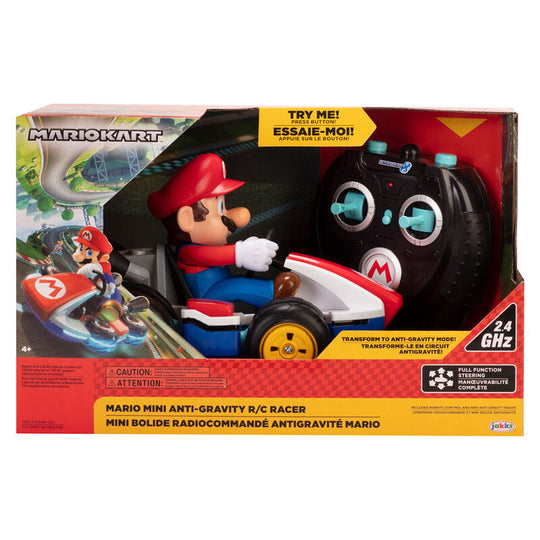 Voiture radiocommandée Mario Kart Mini vue de face avec design coloré et logo Nintendo