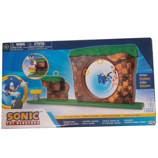 Figurine Sonic The Hedgehog posée sur le playset Green Hill Zone avec boucle intégrée