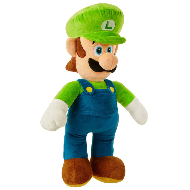 Gros plan sur la peluche Luigi jumbo 50cm montrant les finitions de haute qualité