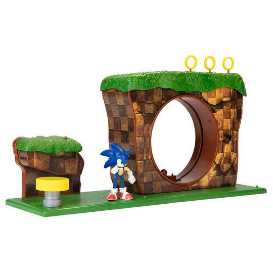 Vue détaillée du mécanisme de boucle du playset Sonic Green Hill Zone avec anneaux
