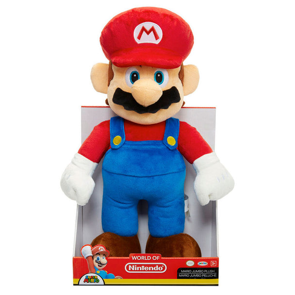 Peluche Jumbo Super Mario 50cm vue de face avec détails colorés et sourire emblématique