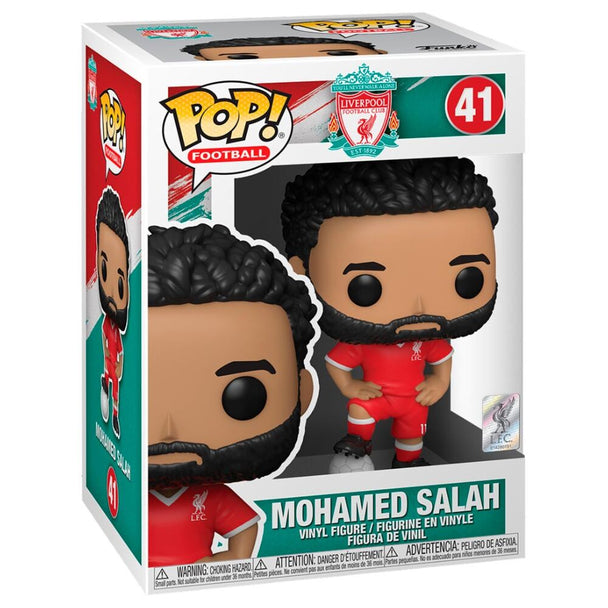 Boîte vitrine de la figurine Funko POP Mohamed Salah Liverpool, emballage officiel sous licence