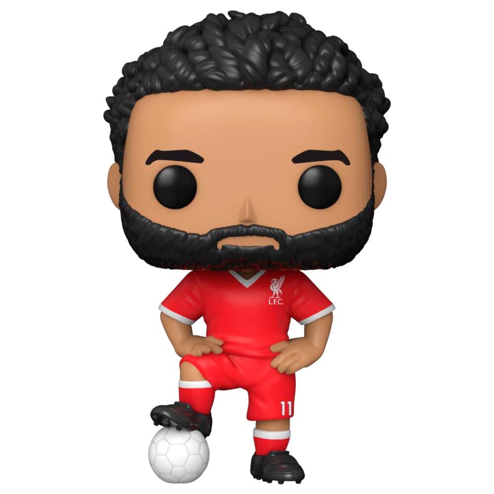 Vue latérale de la figurine Funko POP Mohamed Salah avec maillot Liverpool et chaussures rouges