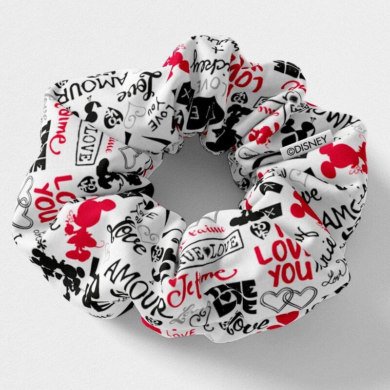 Élastique à cheveux rouge avec illustration Minnie et nœud blanc en gros plan