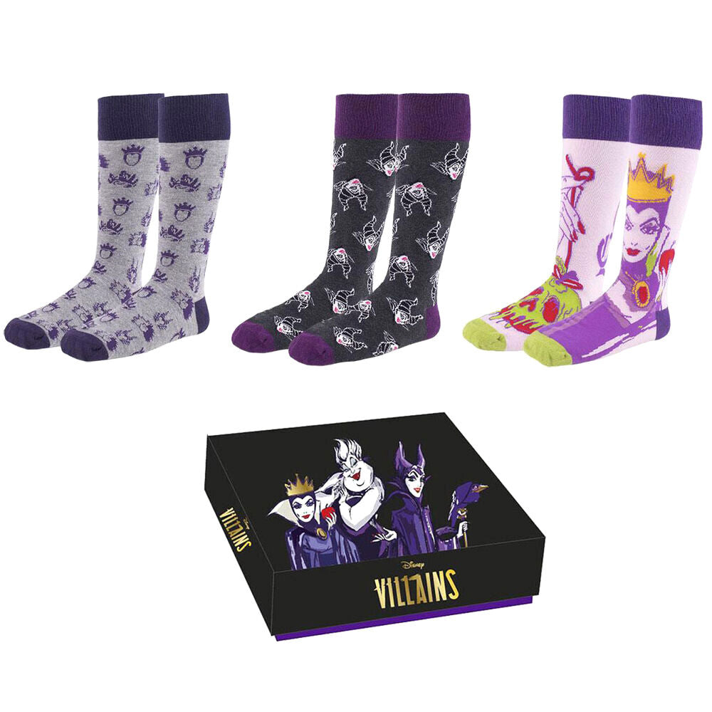 Pack de 3 chaussettes Disney Villains CERDÁ en taille 36-41, vue d'ensemble des motifs colorés