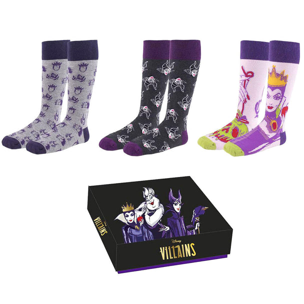 Pack de 3 chaussettes Disney Villains CERDÁ en taille 36-41, vue d'ensemble des motifs colorés