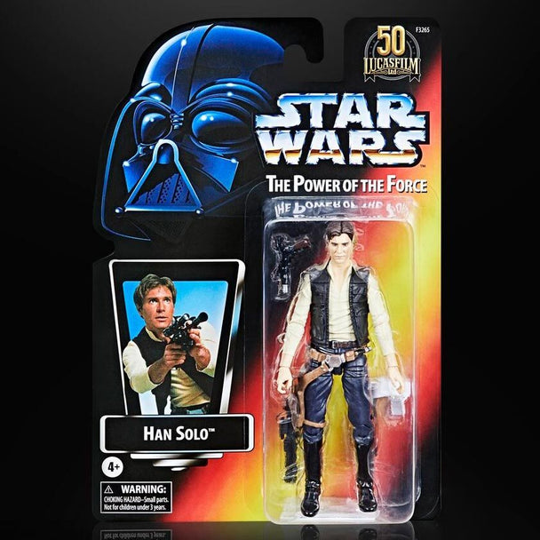 Figurine articulée Han Solo 15cm de la collection Star Wars Power of the Force par HASBRO, vue de face avec accessoires
