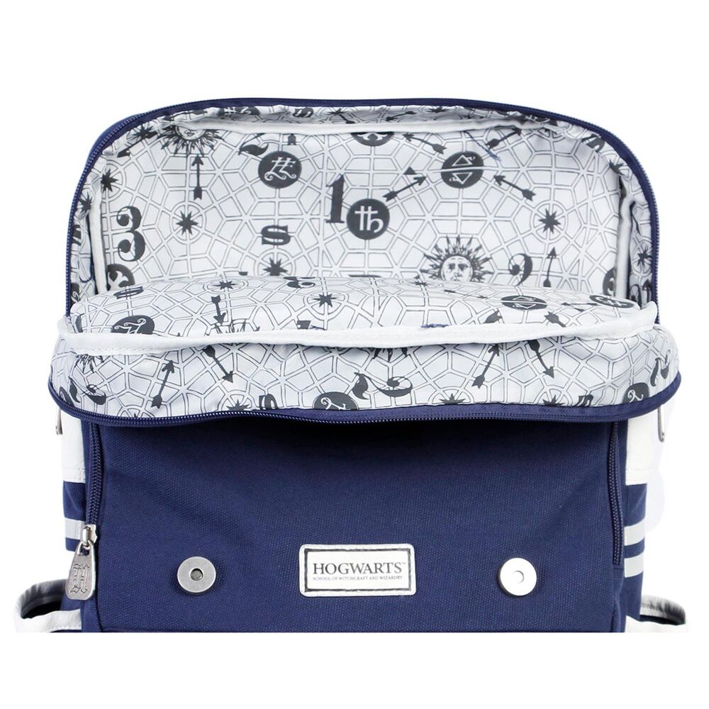 Vue arrière du sac à dos avec détails du logo Hogwarts et étiquette KARACTERMANIA