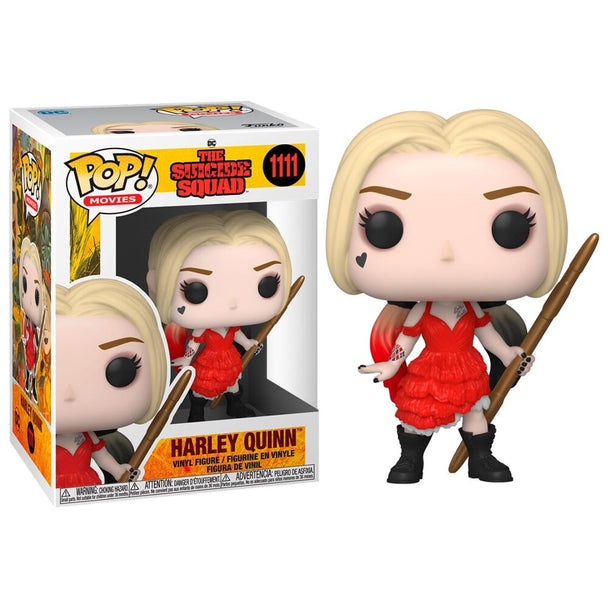 Figurine Funko POP Harley Quinn en robe endommagée vue de face dans sa boîte vitrine transparente