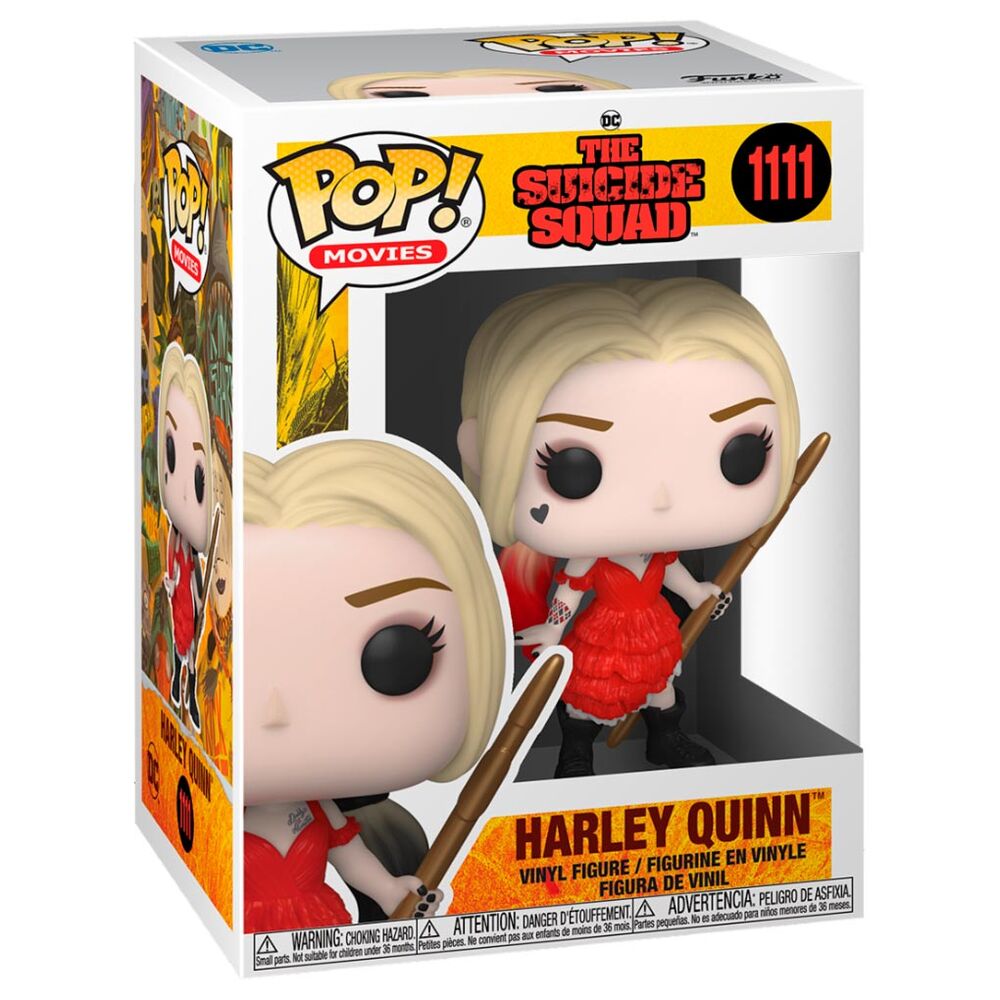 Vue latérale de la figurine Funko POP Harley Quinn The Suicide Squad avec robe endommagée et boîte fenêtre