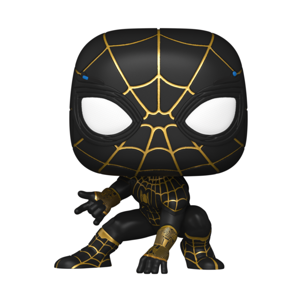 Détail de la figurine Funko POP Spiderman avec costume noir et or, édition No Way Home