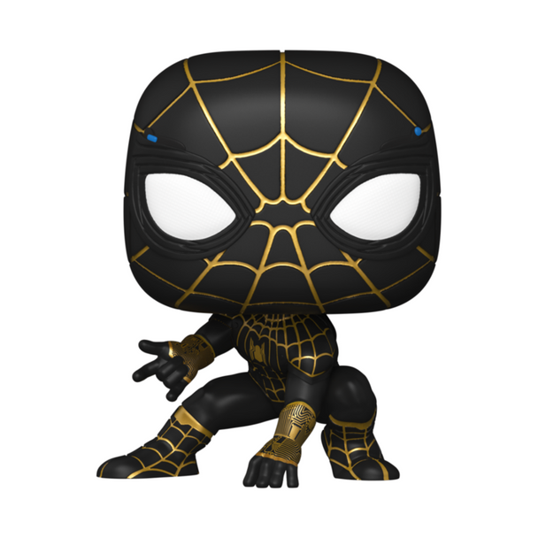 Détail de la figurine Funko POP Spiderman avec costume noir et or, édition No Way Home
