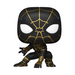 Détail de la figurine Funko POP Spiderman avec costume noir et or, édition No Way Home