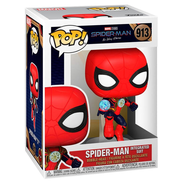 Détail de la figurine Funko POP Spider-Man No Way Home montrant le design du costume intégré en vinyle