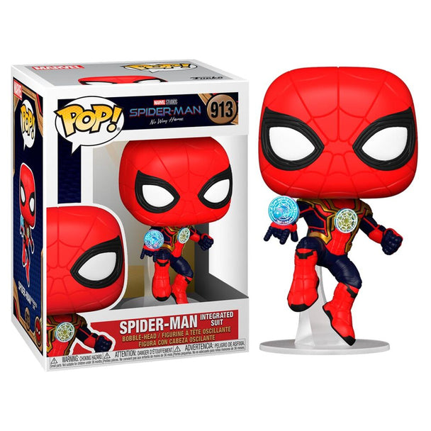 Figurine Funko POP Spider-Man No Way Home en costume intégré vue de face dans sa boîte vitrine transparente