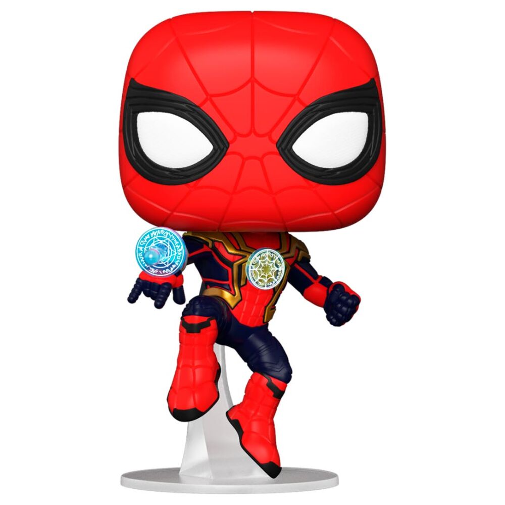 Vue latérale de la figurine Funko POP Spider-Man No Way Home avec boîte collector dans un décor Marvel
