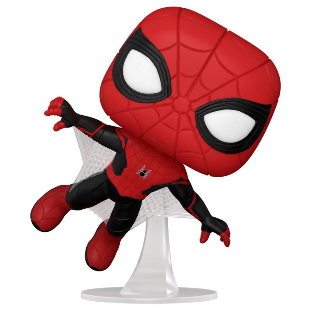 Figurine Funko POP Spider-Man No Way Home posée sur une surface, détail du costume amélioré