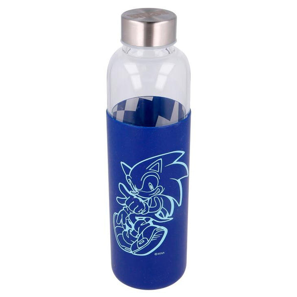 Bouteille en verre Sonic The Hedgehog 585ml avec étui en silicone bleu de la marque STOR vue de face