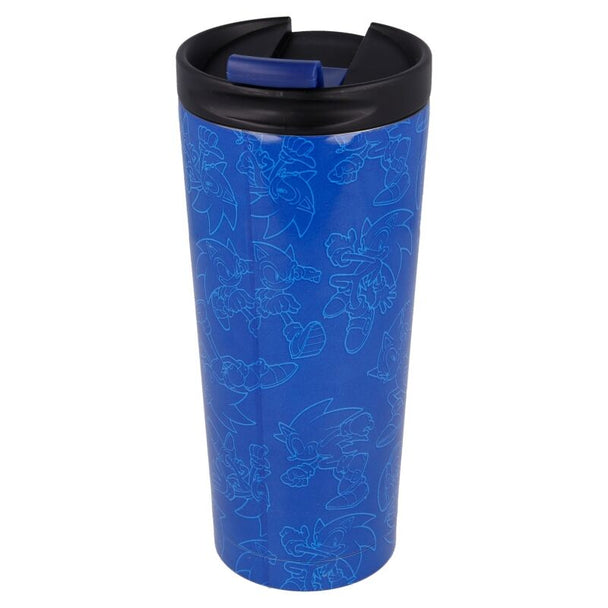 Vue latérale du gobelet Sonic The Hedgehog montrant sa texture métallique brillante et sa capacité 425ml