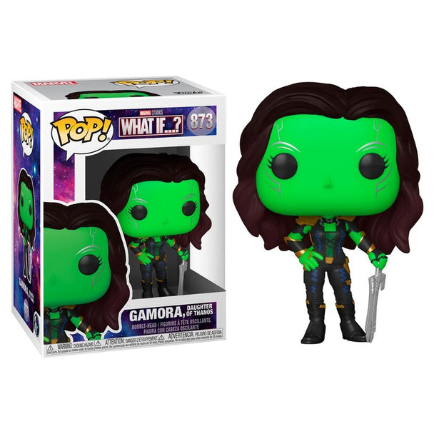 Figurine Funko POP Gamora Marvel What If vue de face dans sa boîte vitrine transparente