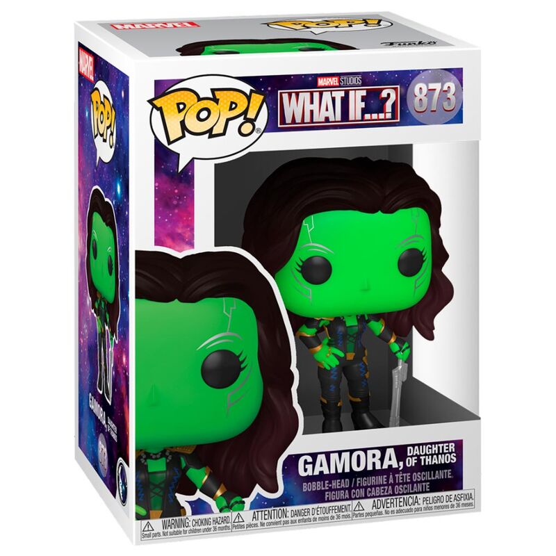 Boîte collector de la figurine Funko POP Gamora Marvel What If avec logo Marvel et FUNKO