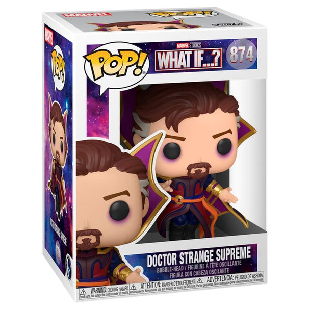 Vue de face de la figurine Funko POP Doctor Strange Supreme avec détails précis du costume et des couleurs vives