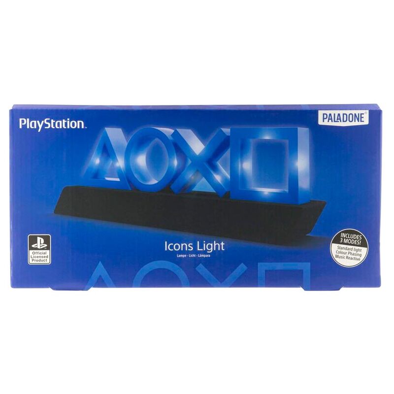 Présentation de la lampe PlayStation Icons Light PS5 posée sur un bureau gaming moderne