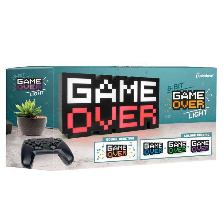 Lampe Game Over 8-BIT éteinte montrant sa forme rectangulaire et ses dimensions compactes