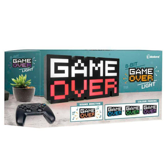 Lampe Game Over 8-BIT éteinte montrant sa forme rectangulaire et ses dimensions compactes