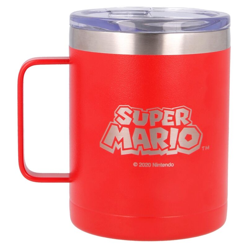 Vue de côté du mug isotherme STOR Super Mario Bros montrant la double paroi inox