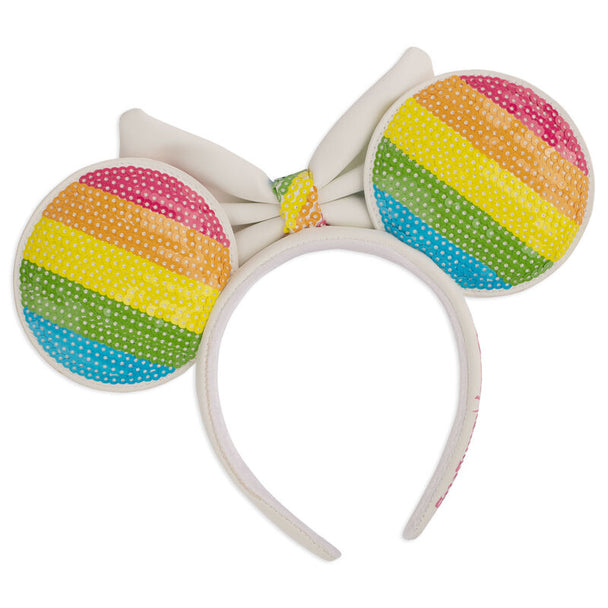Détail du serre-tête Minnie Rainbow Loungefly montrant les couleurs vives et la texture du tissu.