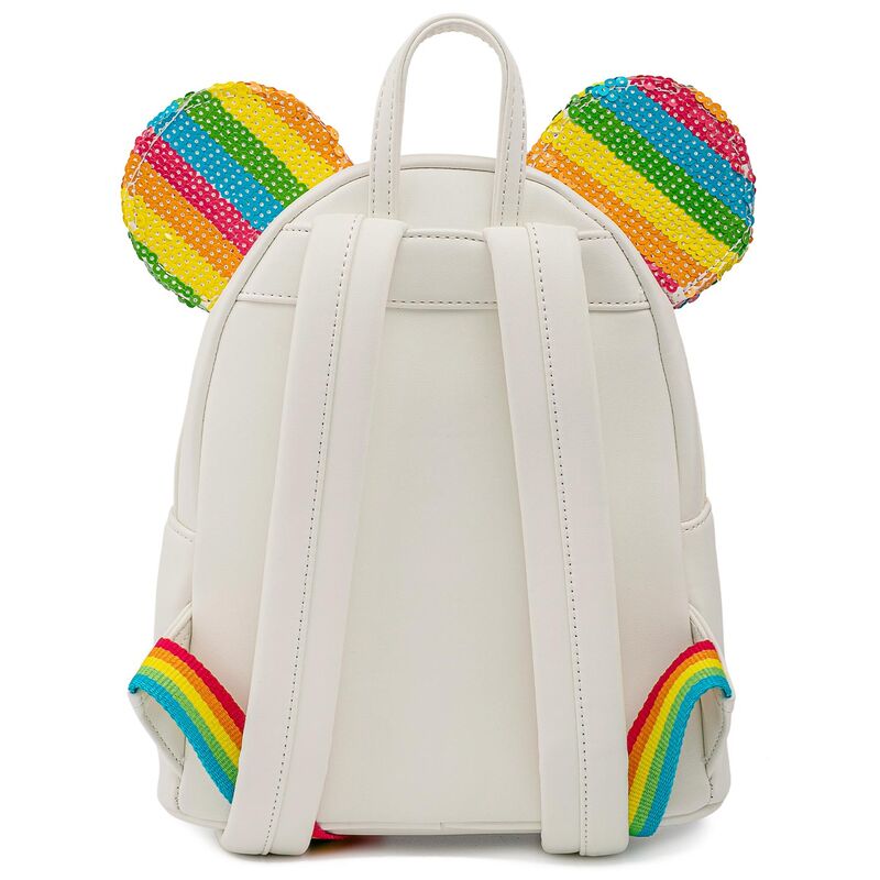 Zoom sur le logo Loungefly brodé sur le sac à dos Minnie Rainbow Disney