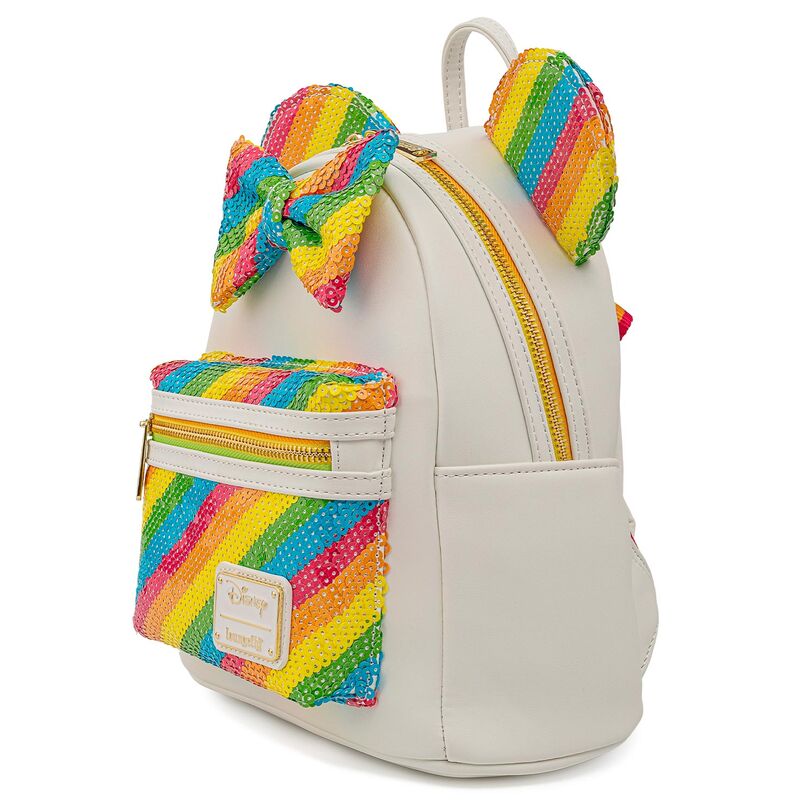 Profil latéral montrant la profondeur de 11,2 cm du sac à dos Minnie Rainbow
