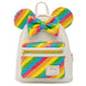 Vue avant du sac à dos Loungefly Minnie Rainbow Disney avec motif arc-en-ciel et Minnie Mouse