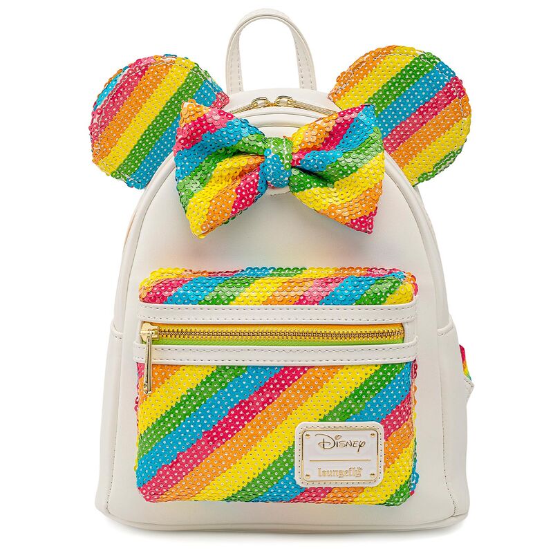 Vue avant du sac à dos Loungefly Minnie Rainbow Disney avec motif arc-en-ciel et Minnie Mouse