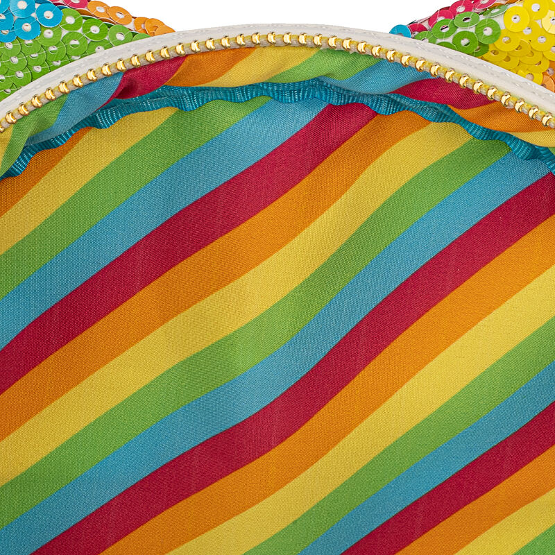 Intérieur du sac à dos Loungefly Minnie Rainbow avec compartiments organisés