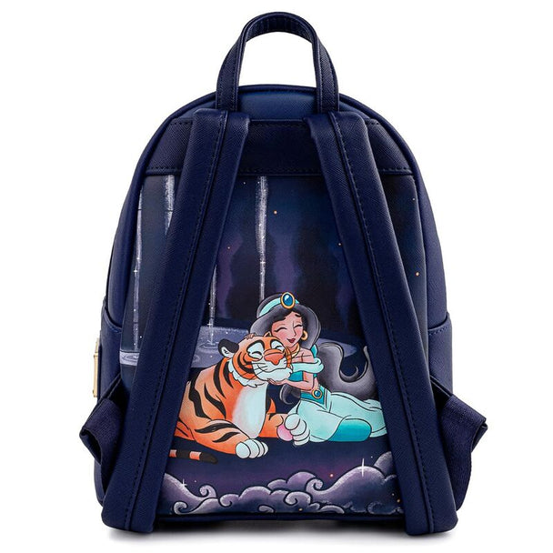 Zoom sur le design du château de Jasmine sur le sac à dos Loungefly Disney Aladdin